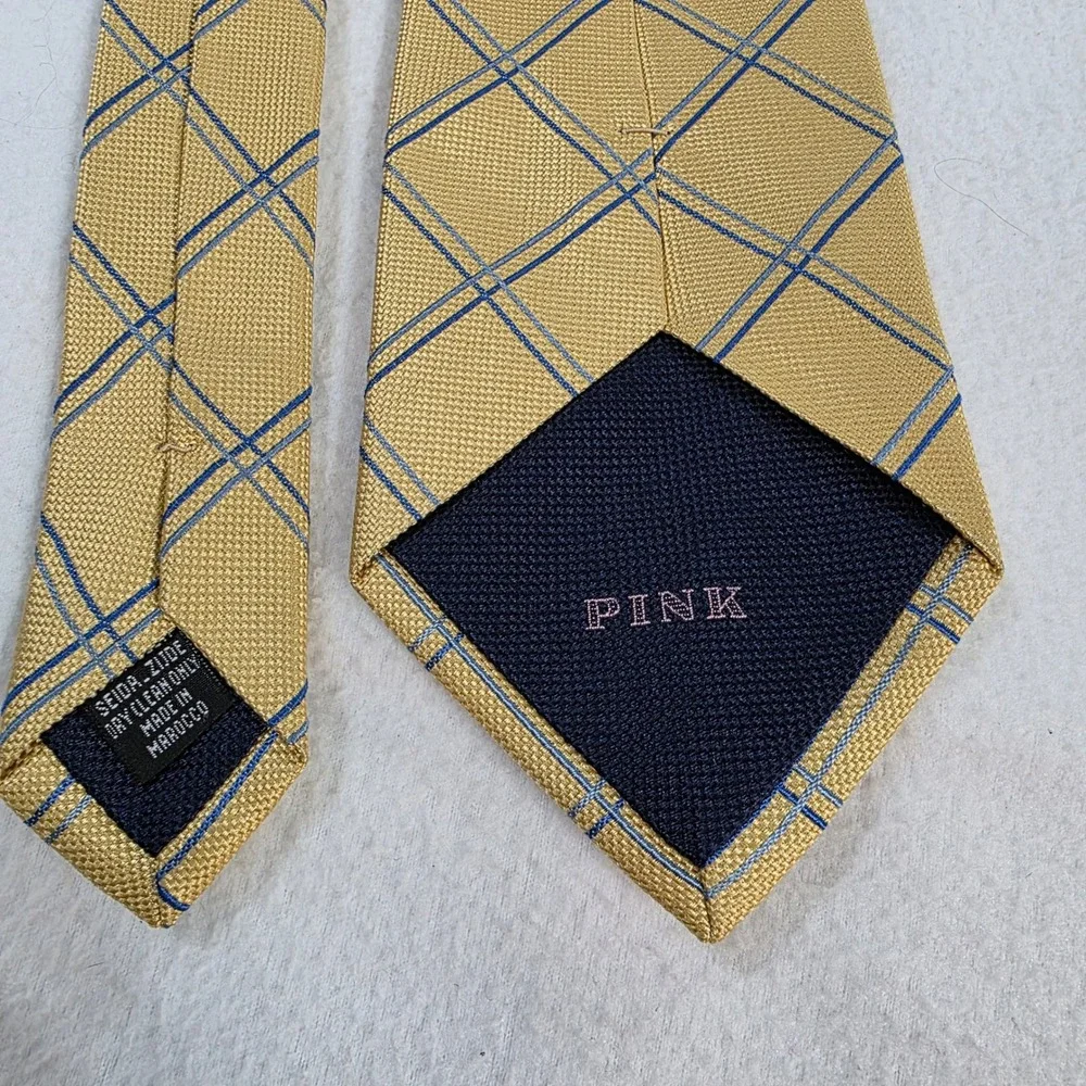 Thomas Pink Mens Yellow Blue Windowpane Check 100% Silk Tie Made in Morocco
